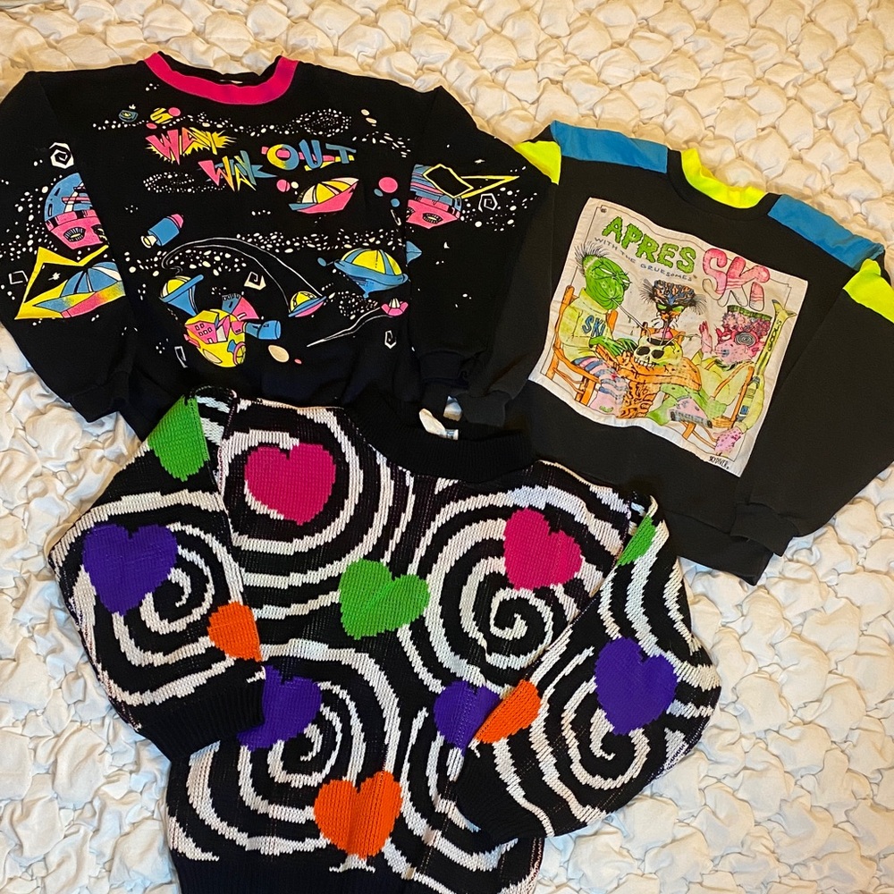 Bundle Lot of 3 Youth Large Kids Neon Space Ski Graphic Sweaters